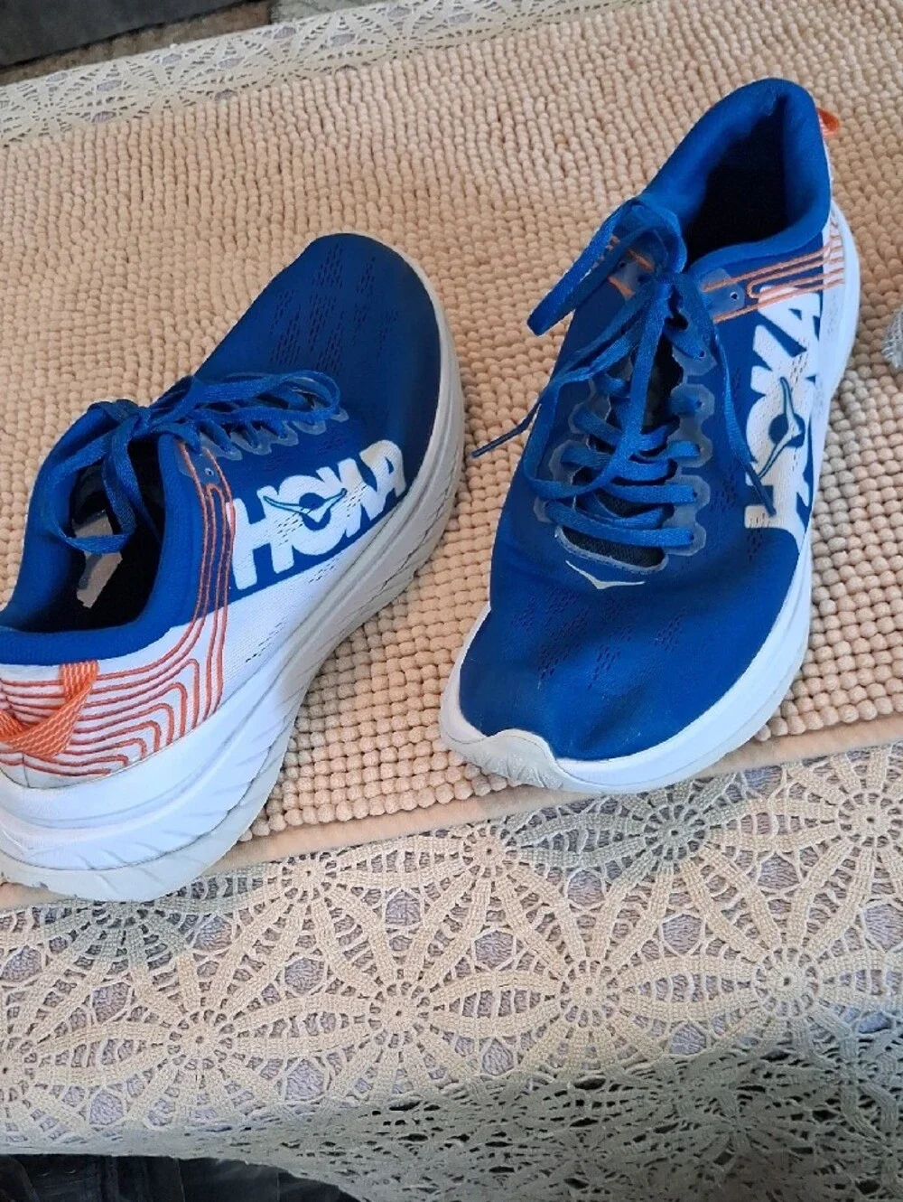 Hoka Blue and White Men's Running Shoes with Orange Accents